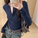 thumbnail image 2 of Camisetas de mujer de manga larga con botones y cuello redondo, camisetas de otoño, estilo japonés, suaves, sexys y elegantes, ropa básica para vacaciones., 2 of 6