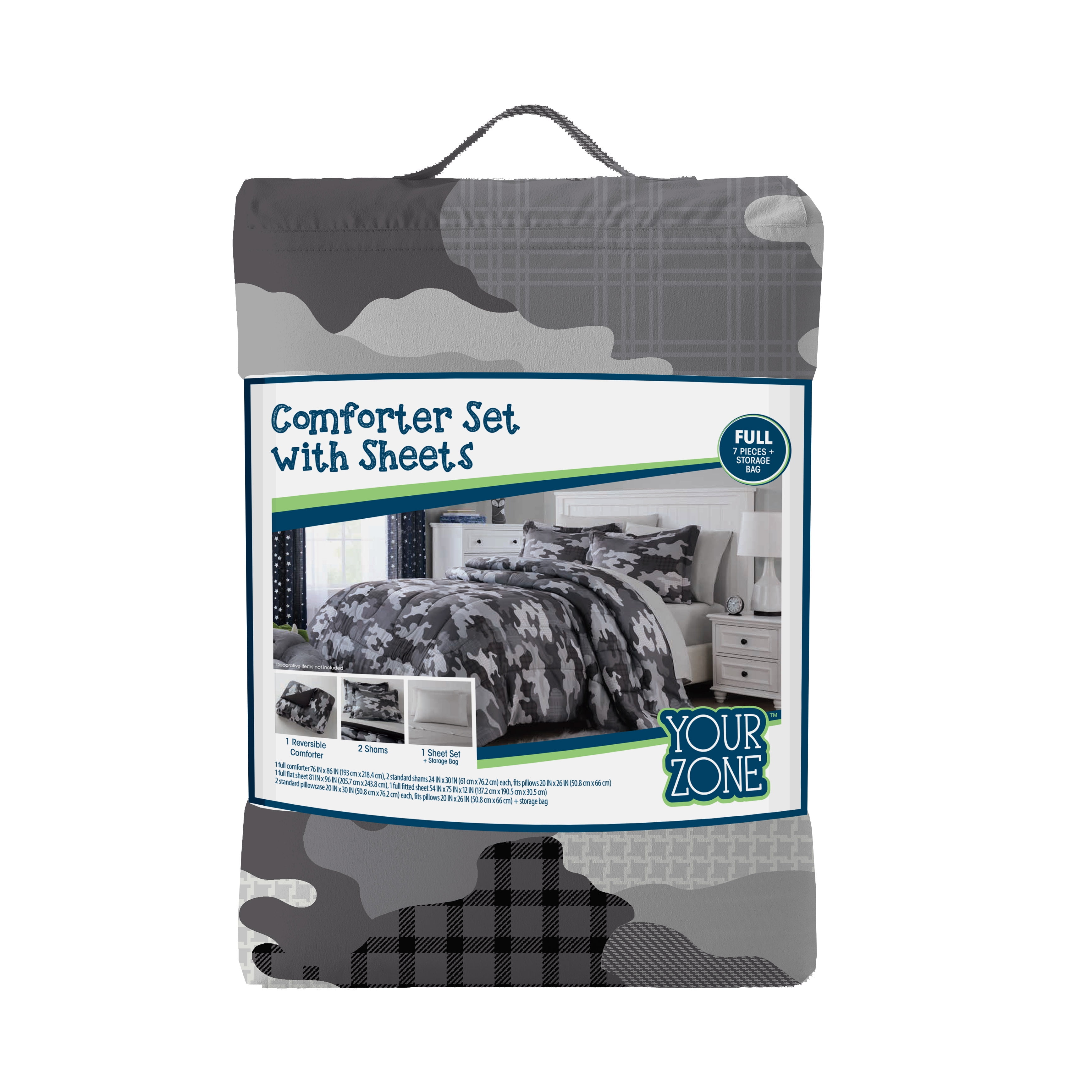 Your Zone 7-Piece Gray Camouflage Bedding Set for Kids with Storage Bag, Full