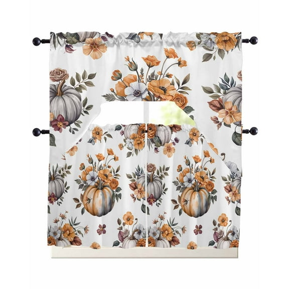 Pumpkin Floral Fall Kitchen Curtains Sets 36 Inch Length with Valance, Thanksgiving Botanical Leaves Swag Valances and Tiers Curtain Set Drapes Swag Curtains for Living Room, Bathroom, Bedroom, Cafe