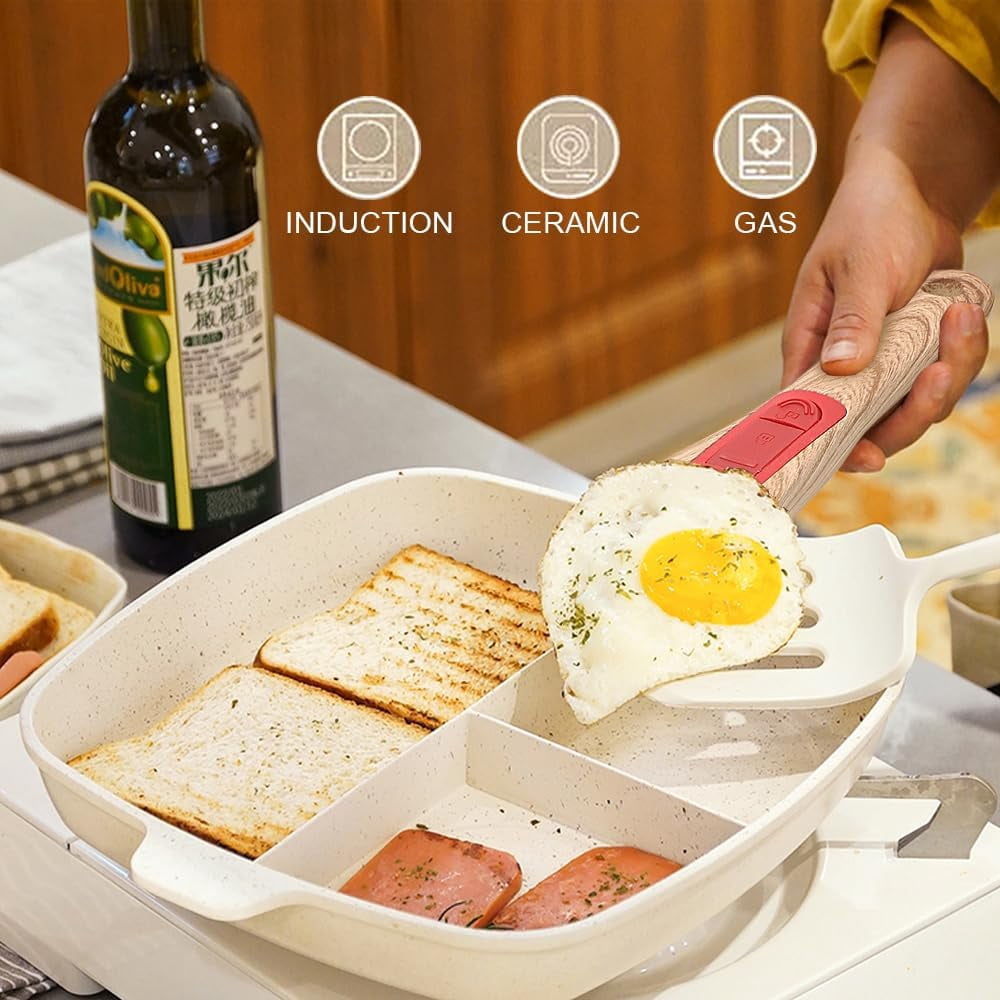 3 Section Nonstick Grill Pan with Detachable Handle, White Square Skillet for Stove Top Cooking