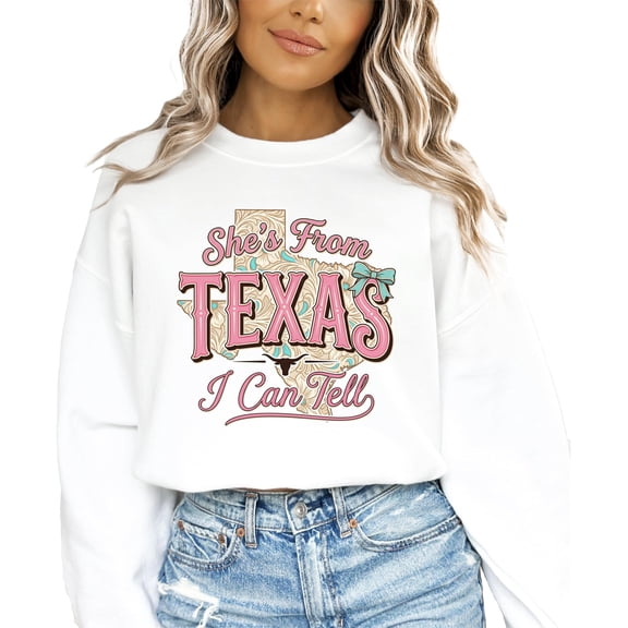 Shes From Texas I Can Tell Sweatshirt for Women Western Cowgirl Graphic Pullover White Sweatshirt Adult Large