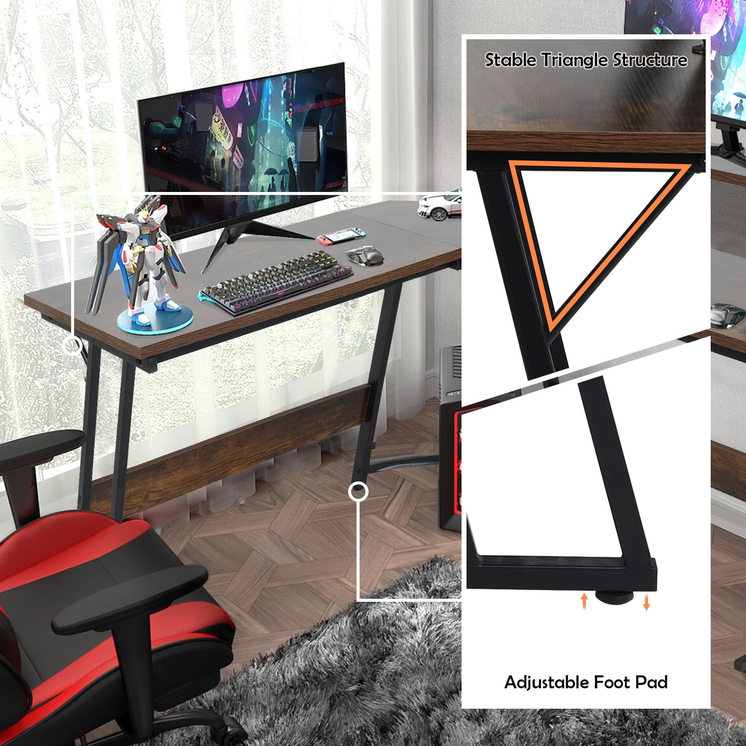 CL.HPAHKL L Shaped Desk Corner Gaming Desk Table with Large Monitor Riser Stand Computer Desk with Large Desktop Studying and Working and Gaming for Home and Work Place（ Brown 51 Inch）