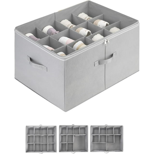 Shoe Organizer for Closet, Fits 12 Pairs of Different Sized Shoes, Adjustable Shoe Storage Bins, Foldable Shoe Box Storage Containers with Clear Cover, Space Saving Shoes Holder, Gray