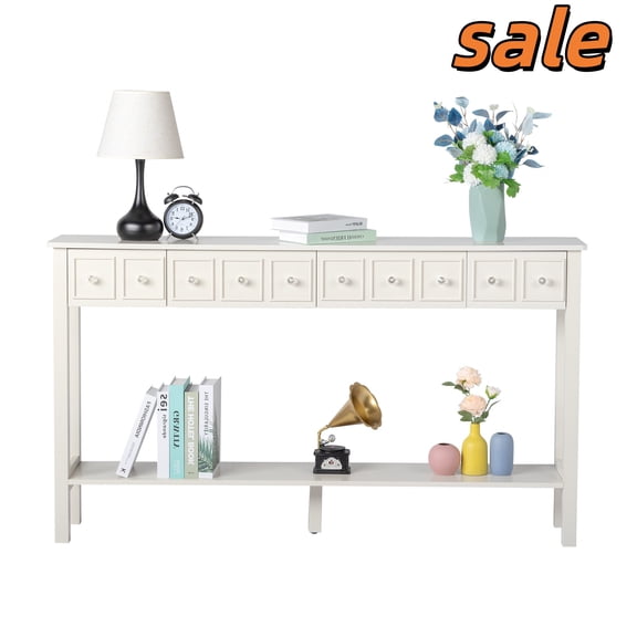 Hassch 60 inch Long Console Table with 4 Drawers, Narrow Sofa Table with Bottom Shelf for Entryway Hallway, White