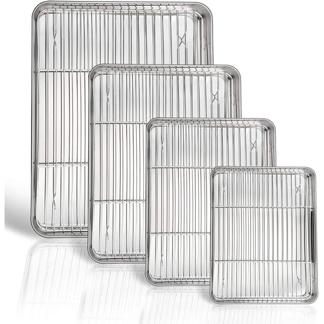 P&P CHEF Baking Sheet and Rack Set, 8 Pack (4 Sheets + 4 Racks), Stainless Steel Baking Pans Cookie Sheets with Cooling Rack, Healthy & Mirror Finish,Oven & Dishwasher Safe