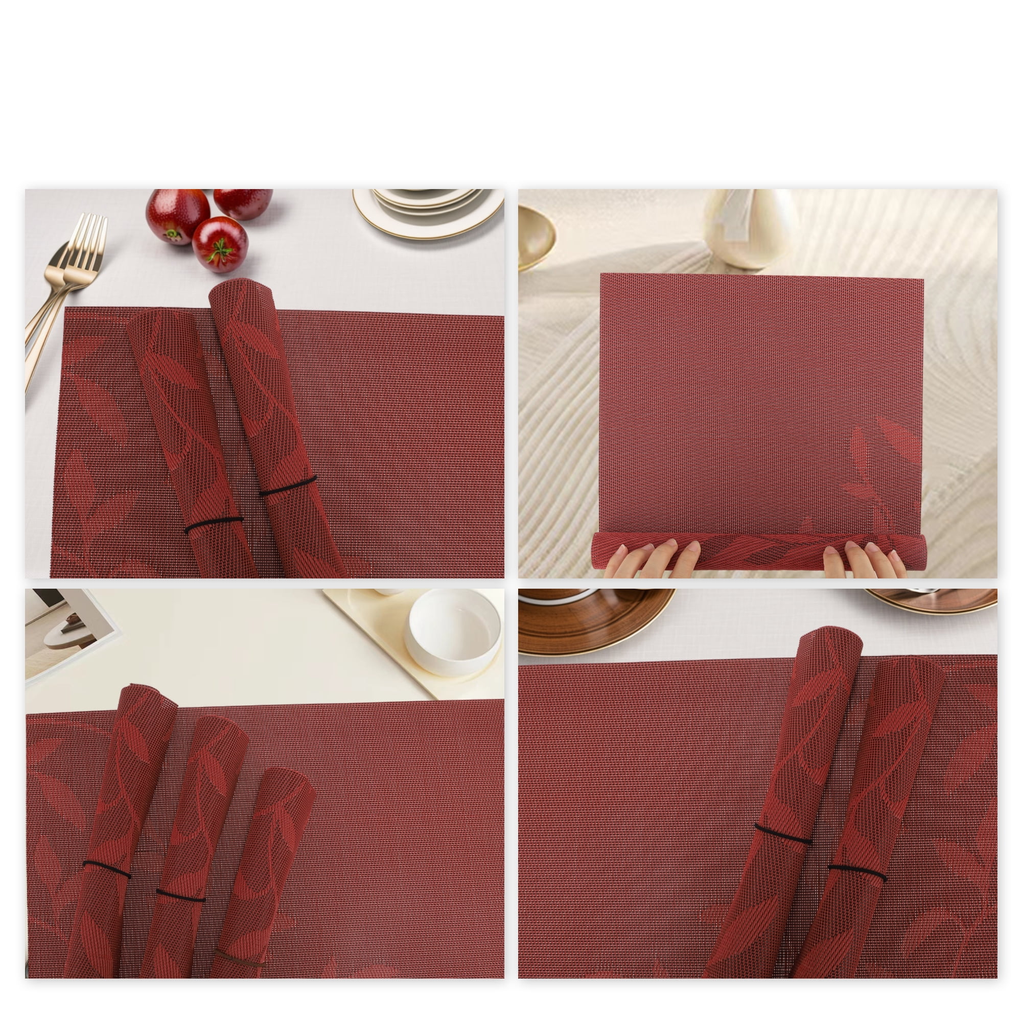 Unique Bargains 4 Pcs Leaves Pattern Heat Resistant Washable Placemats Red