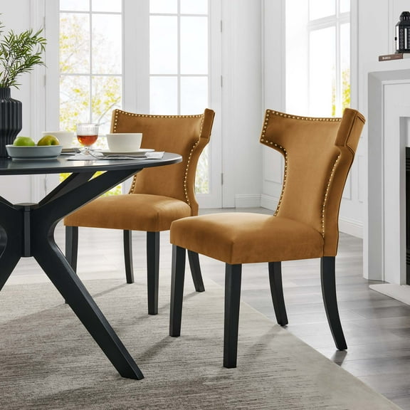Modway Curve Performance Velvet Dining Chairs - Set of 2 in Cognac