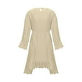 thumbnail image 4 of Miluxas Girls Smocked Dress Casual Puff Long Sleeve Ruffle Neck Dresses Beige 14-15Years, 4 of 6