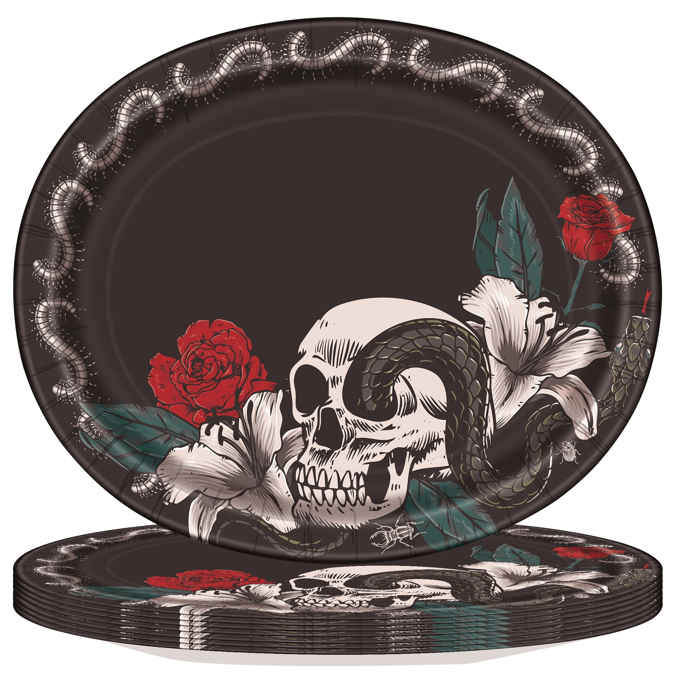 Skull and Roses Oval Disposable Paper Plates, Multicolor, 12" x 10", 8 Count, Halloween by Way To Celebrate