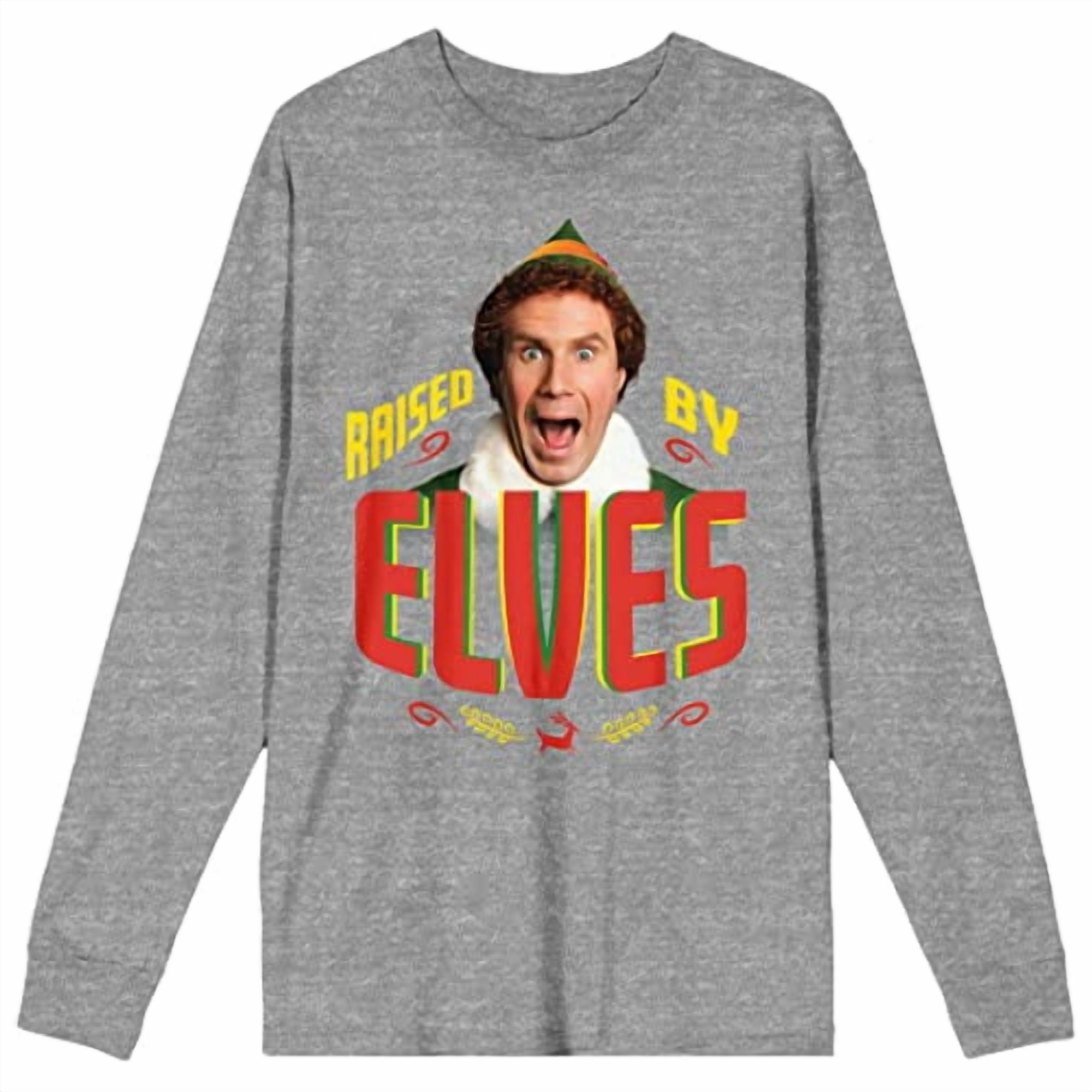 Elf Movie Buddy Raised By Elves Women's Heather Gray Long Sleeve Crew Neck Tee-Medium