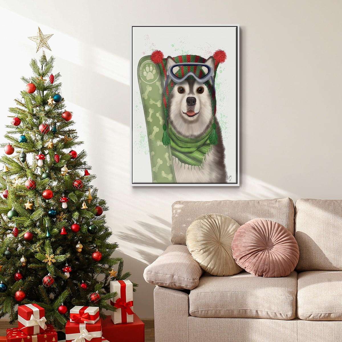 Christmas Husky Snowboard - Framed Gallery Wrapped Holiday Canvas - 27 x 41 - White Frame