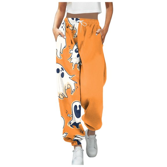 Women's Casual Pants Halloween Printed Bandeau Sweatpants Pocket High Waist Pants