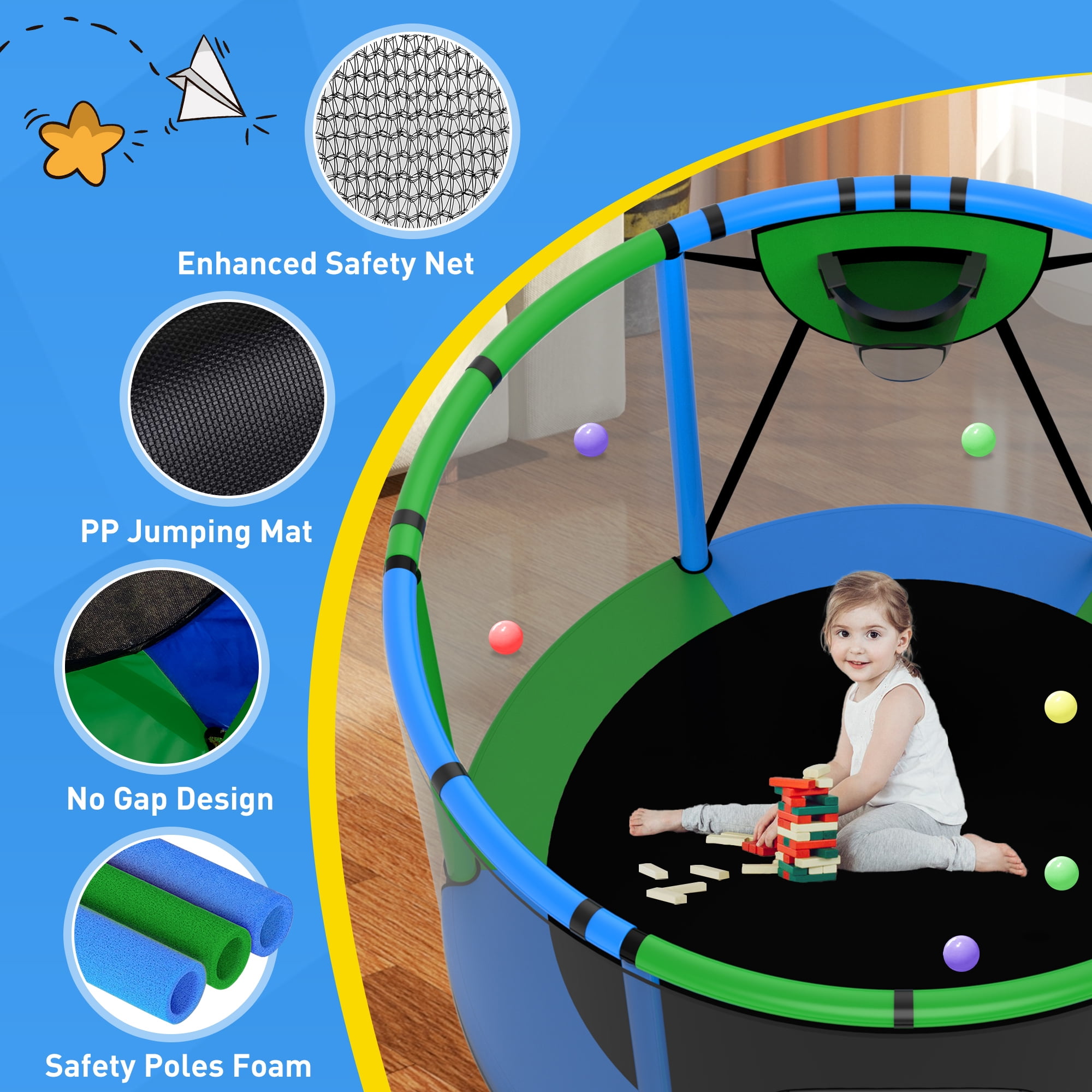 CITYLE Trampoline for Kids 600LBS 60'' 5FT Toddler Trampoline Indoor Outdoor with Basketball Hoop, Swing, Adjustable Bar, Mini Small Trampoline with Enclosure, Gifts for Toddlers, Boys & Girls
