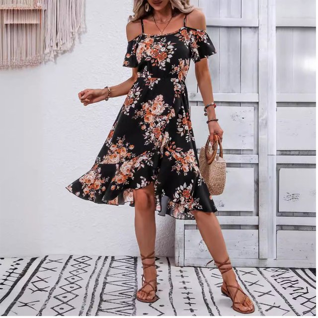 Pisexur Robe à Manches Courtes Col Rond Dames Été Classique Manches Courtes Col Rond Imprimé Fendu Robe Femmes