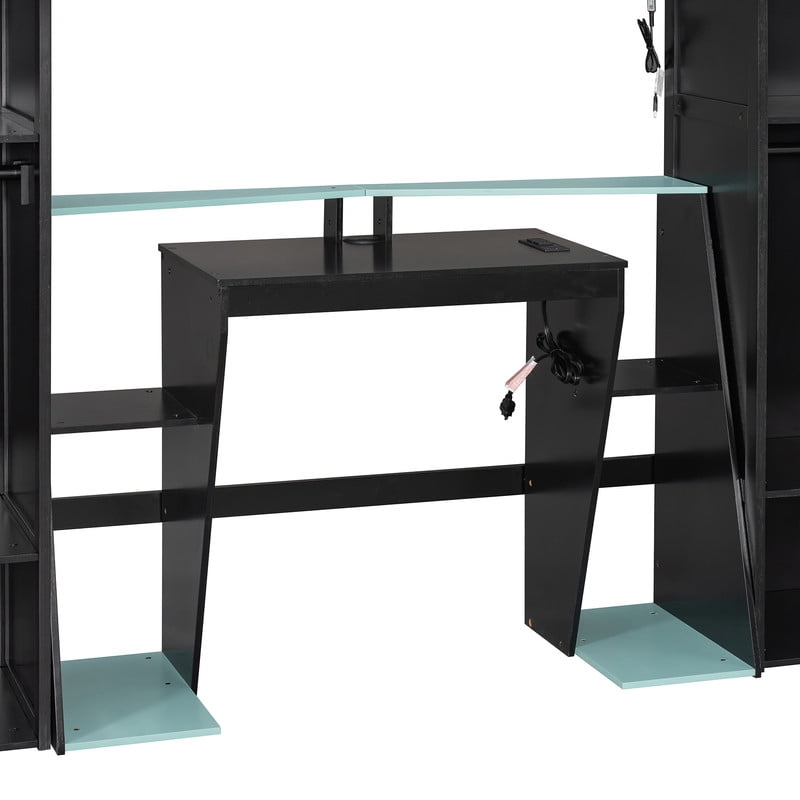 Full Size Wooden E-Sport Loft Bed with Desk, LED Lights & Charge Station, Storage Bed Frame with Built-in Wardrobe & Cabinets