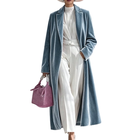 EANJE Women Velvet Coat, Lapel Neck Open Front Long Duster Style Outerwear, Over‑Knee Velvet Fabric Jacket, Loose‑Fit Elegant Outer Layer for Autumn and Winter Wear Blue XL