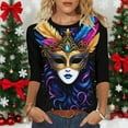 thumbnail image 4 of Cadancy Mardi Gras Shirt Women 3/4 Sleeve Trendy Crewneck Pullover Tunic Tops Rave Party Mask Print Carnival Blouse Casual Loose Holiday Outfits, 4 of 6