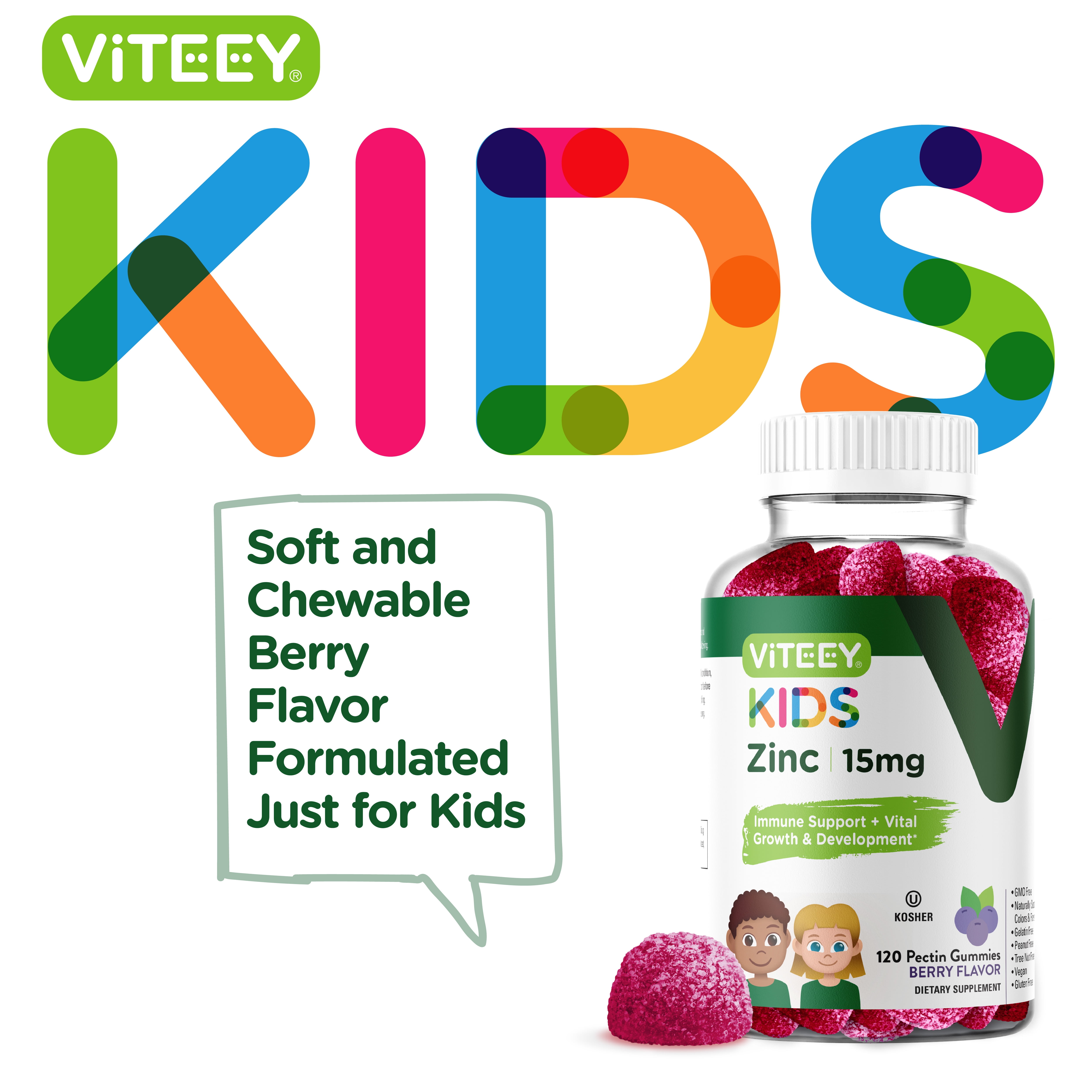 VITEEY Kids Zinc Gummies 15mg, Kids Immune Support Zinc Supplement, Berry Flavor, 120 CtVITEEY Kids Zinc Gummies 15mg, Kids Immune Support Zinc Supplement, Berry Flavor, 120 Ct
