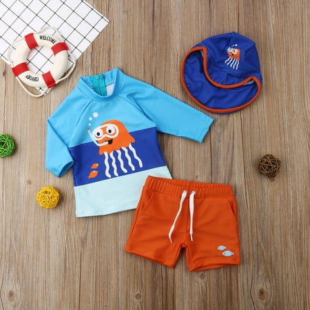 Baby Boy Three-Pieces Swimsuit Long Sleeve Top + Short Swim Trunk + Blue Little boy Bathing Cap