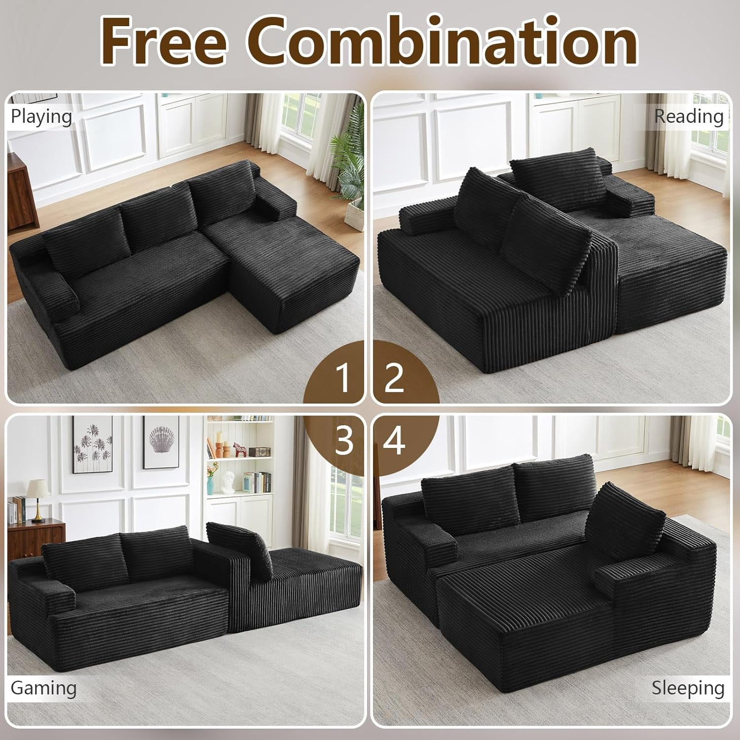 96" Boneless Cloud Couch with Chaise, Modular Sectional Sofa for Living Room, No Assembly Required, Deep Seat Corduroy Couch, Black