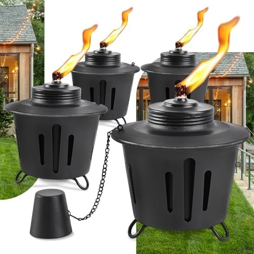 4 Pack Citronella Table Top Torches, 15oz Mini Fire Pit Tabletop Torch for Outside, Metal Tabletop Flame Torch Includes Long Lasting Wick and Snuffer for Yard, Patio, Deck, Garden, Party