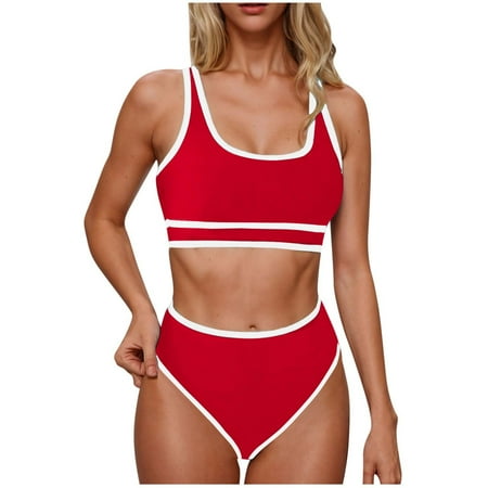 UTSJKR High Waisted Bikini Sets for Women Tummy Control Two Piece Swimsuits Color Block Cheeky Sporty Bathing Suits 2025 Red XL