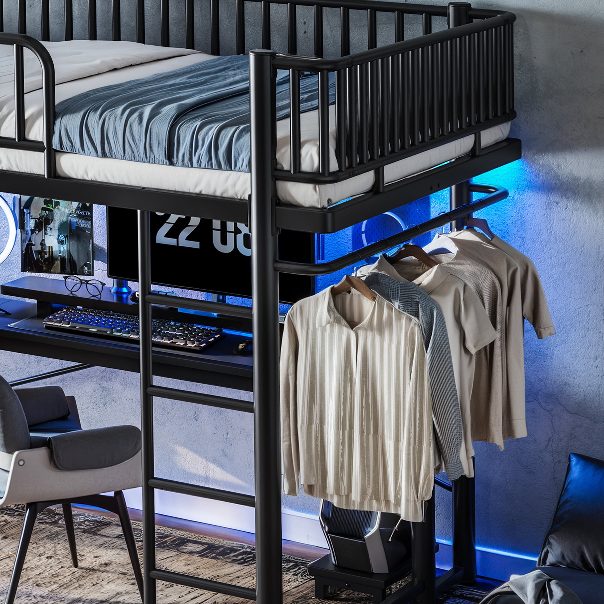 Mintazer Queen Metal Platform Loft Bed with L-Shaped Desk, LED Lights, Charging Station, Hanging Pipe, Safety Rail & PC Tray, Black
