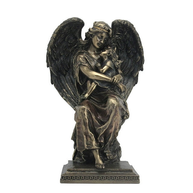 Guardian Angel Sitting And Holding A Little Girl - Religious Sculpture