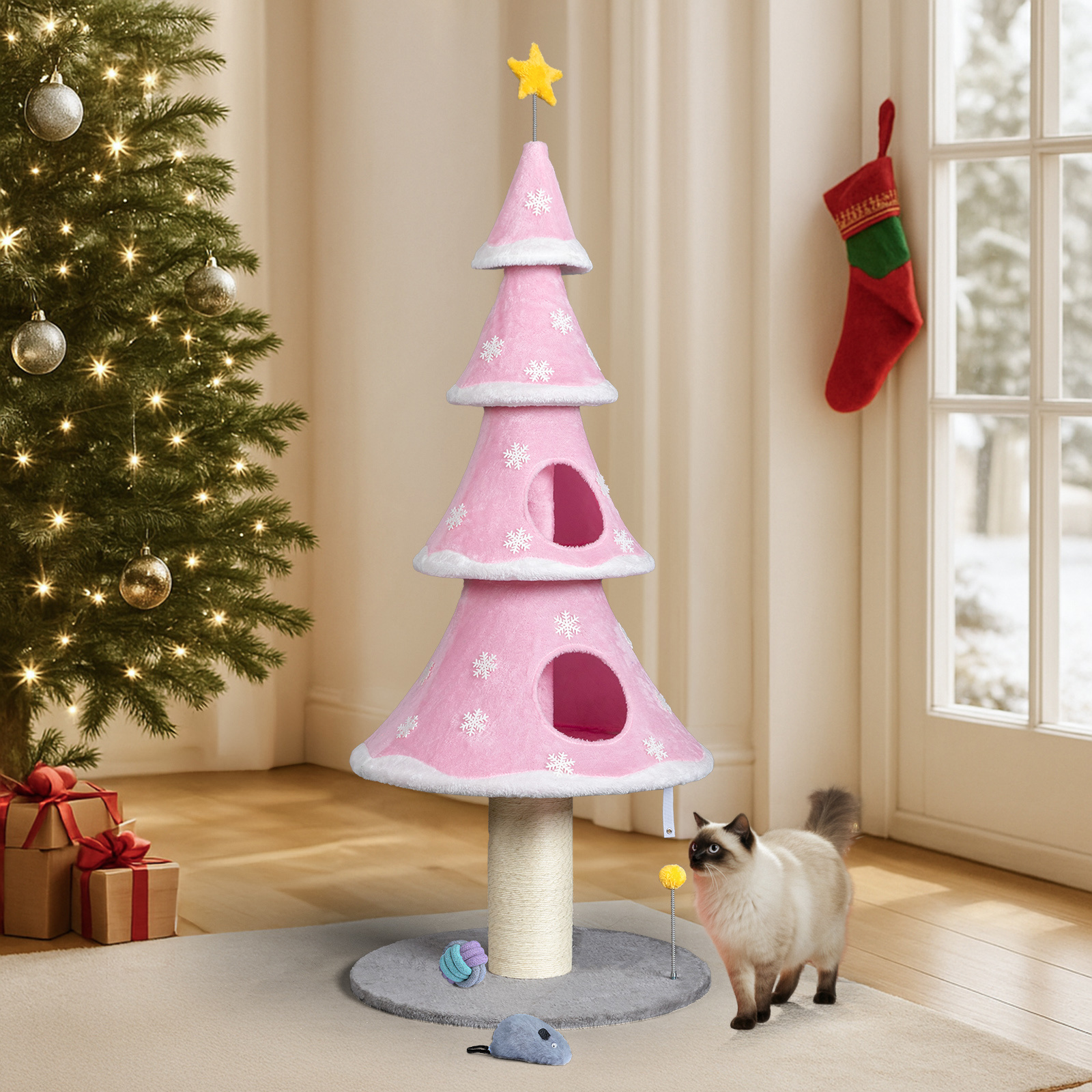 Zephypaws 59" Pink Cat Tower with 2 Private Condos, Plush Fleece Surface, Sisal Scratching Post, Dangling Play Toy, Solid Round Base & Tree-Inspired Multi-Level Design for Indoor Cats