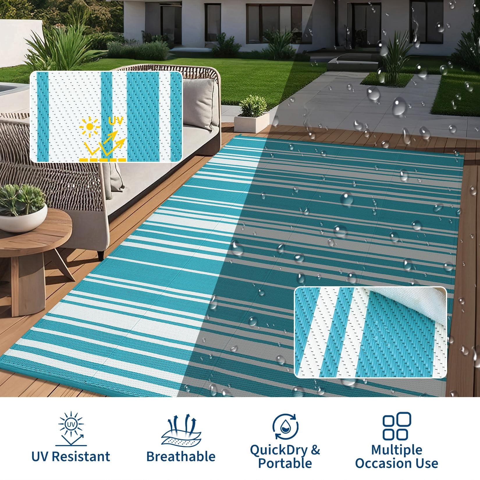 Danolapsi Outdoor Rug Mat for Patio,8x10 Plastic Straw Rug,Waterproof Plastic Straw Mats,Modern Striped Outdoor Camping Rugs for Patio,RV,Porch, Deck,Backyard,Balcony,Camping,Trailer