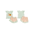 thumbnail image 2 of RUINIXCW Toddler Baby Girl Halloween Outfit Little Baby Girls Summer Fall Clothes Ghost Pumpkin Embroidered Flying Sleeve Ruffled Hem Shirt Tops and Plaid Shorts 2 Piece Set, 2 of 9