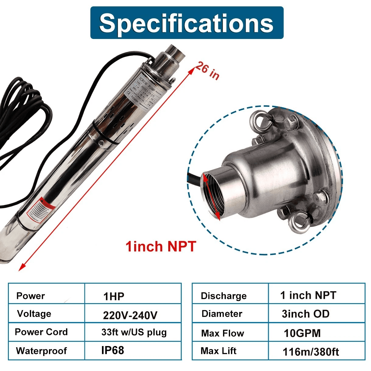 iMeshbean 1HP 3"OD Deep Well Submersible Pump Screw Water Pump 220V-240V 380FT Hmax 10GPM 33ft Cord