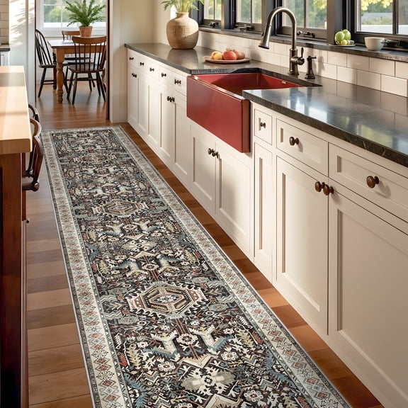 Washable Kitchen Runner Rug - 3x14 Hallway Rug Distressed Mats Non-Slip Soft Room Floor Carpet for Dining Room (Black,3x14)