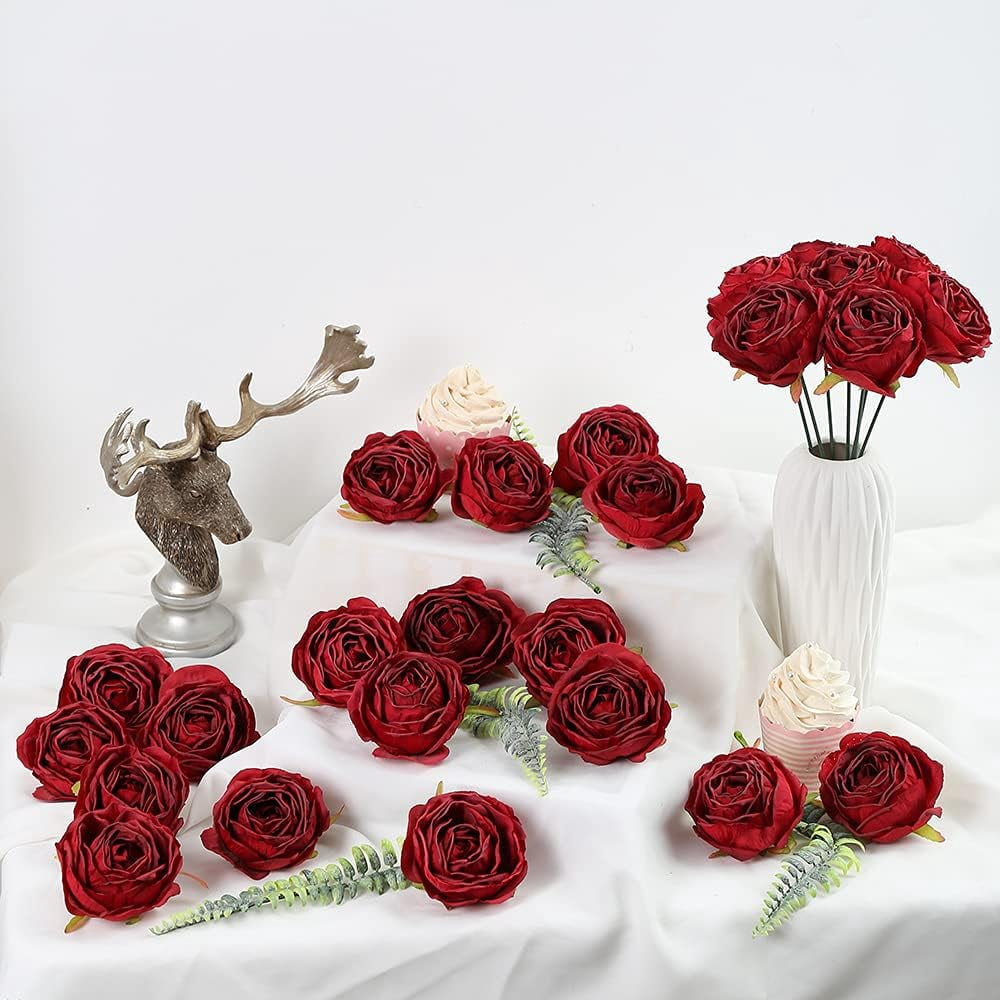 Red Roses Artificial Flowers Dark Red Silk Bulk Flower Heads Vingtage Dried Fake Flowers Artificial for Decoration Bridal Bouquets for Wedding Centerpiece Flower Wall Decor (Dark Red)