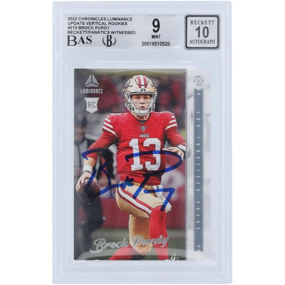 Brock Purdy San Francisco 49ers Autographed 2022 Panini Chronicles Luminance #213 Beckett Fanatics Witnessed Authenticated 9/10 Rookie Card - Fanatics Authentic Certified