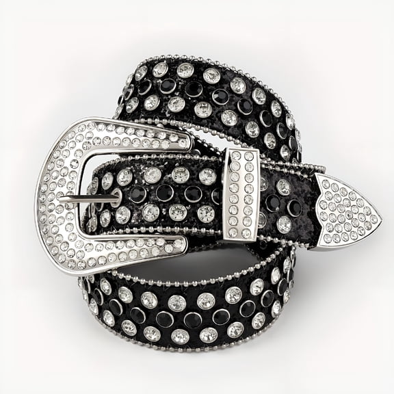 TELOLY Shiny Rhinestone Punk PU Leather Belt for Women and Girls