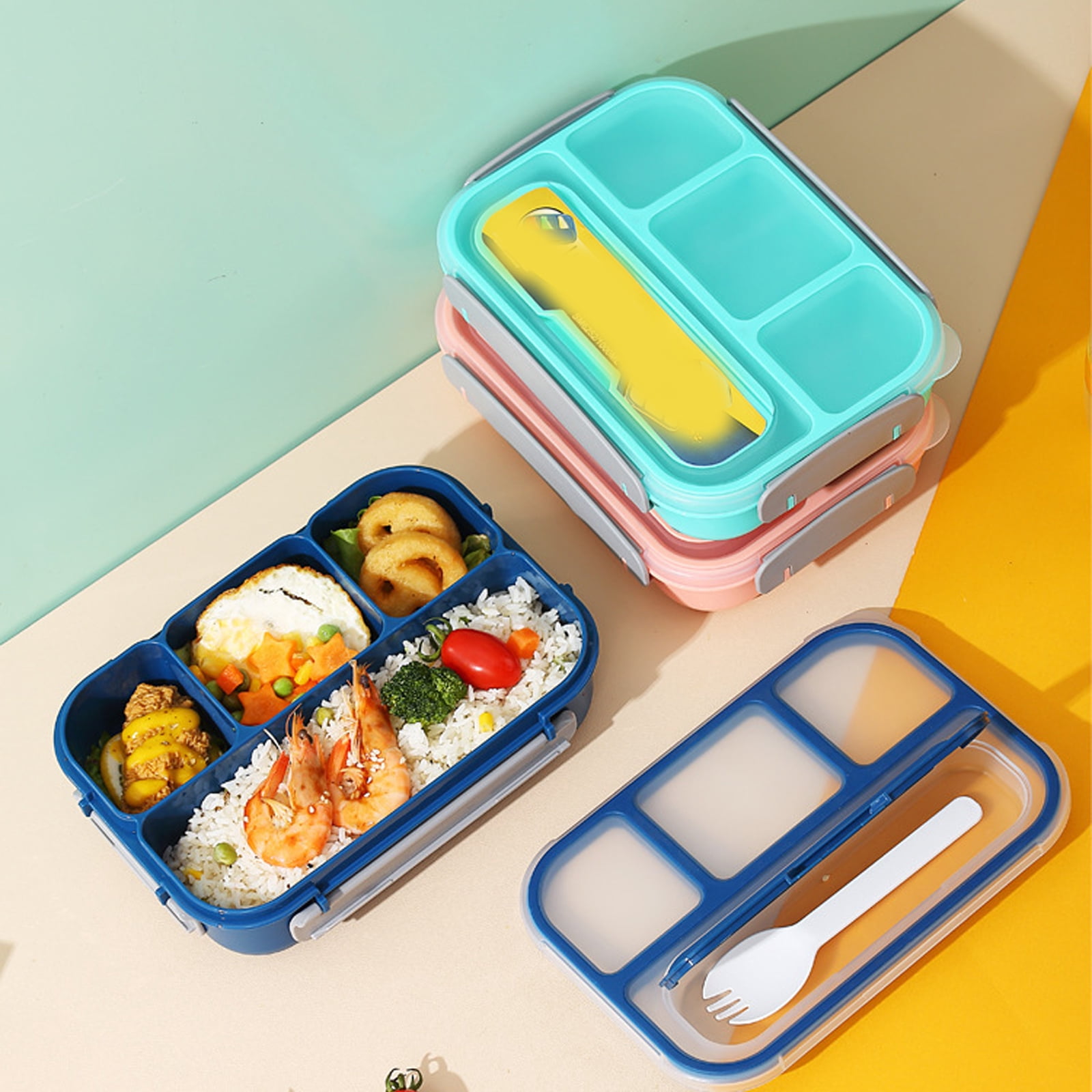 Bento Box 4 Scomparti Da 1300 Ml Con Posate E Vasetto Salsa – Lunchbox A Prova Di Perdite Per Microonde E Lavastoviglie
