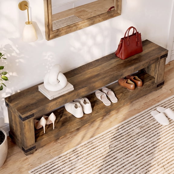 Finmind Entryway Bench with Shoe Storage, 71 inch Extra Long Shoe Bench with Metal Corner Brackets, Rustic Brown