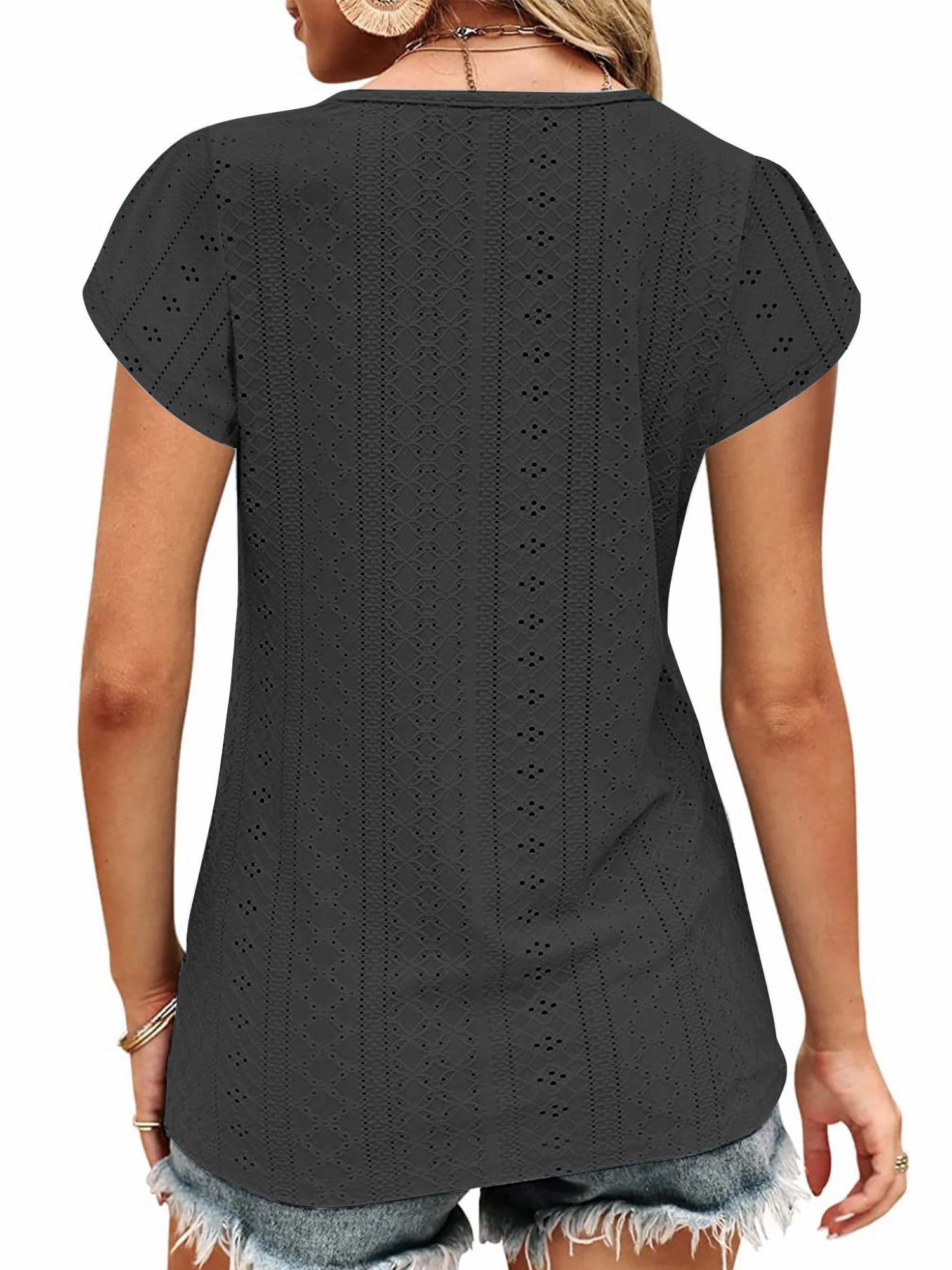 TEMOFON Womens Summer Tops Casual V Neck Tee Shirts Petal Sleeve Fashion Loose Blouses for Women Clothes Short Sleeve Shirts Dressy Tunic Tops