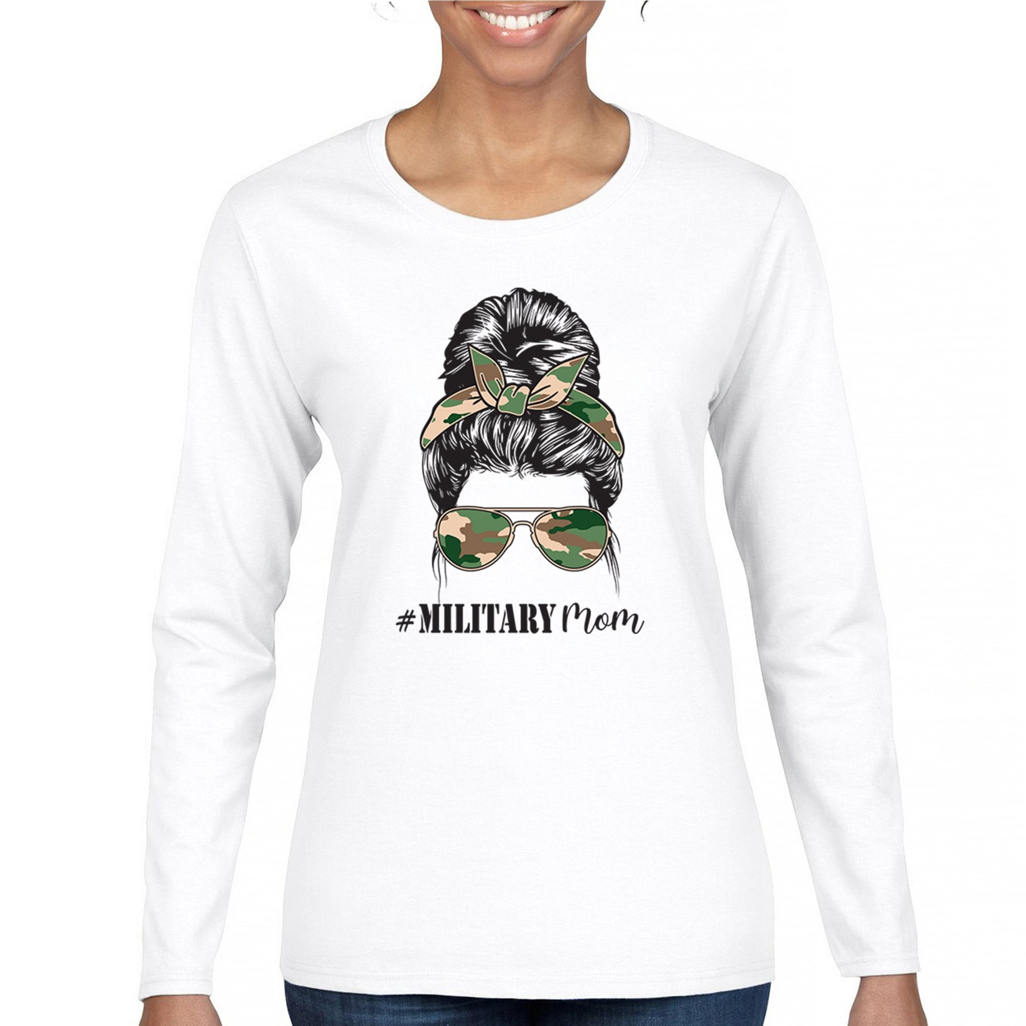 Military Mom Women's Long Sleeve T-shirt Proud Mom Life Messy Bun Sunglasses Mother's Day Mama Mommy Active Duty Veteran Vet