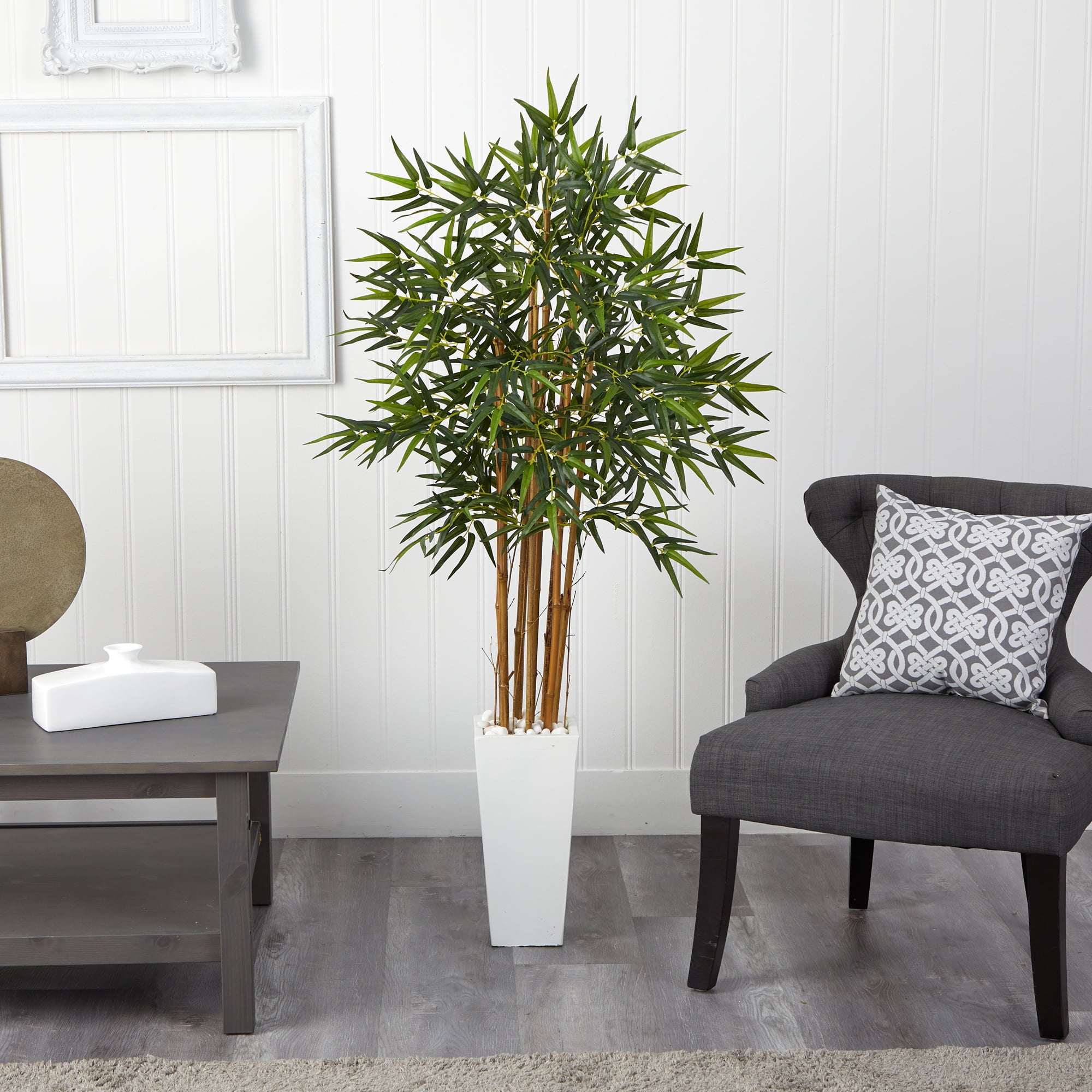 Nearly Natural 5 ft. Bamboo Artificial Tree in White Tower Planter
