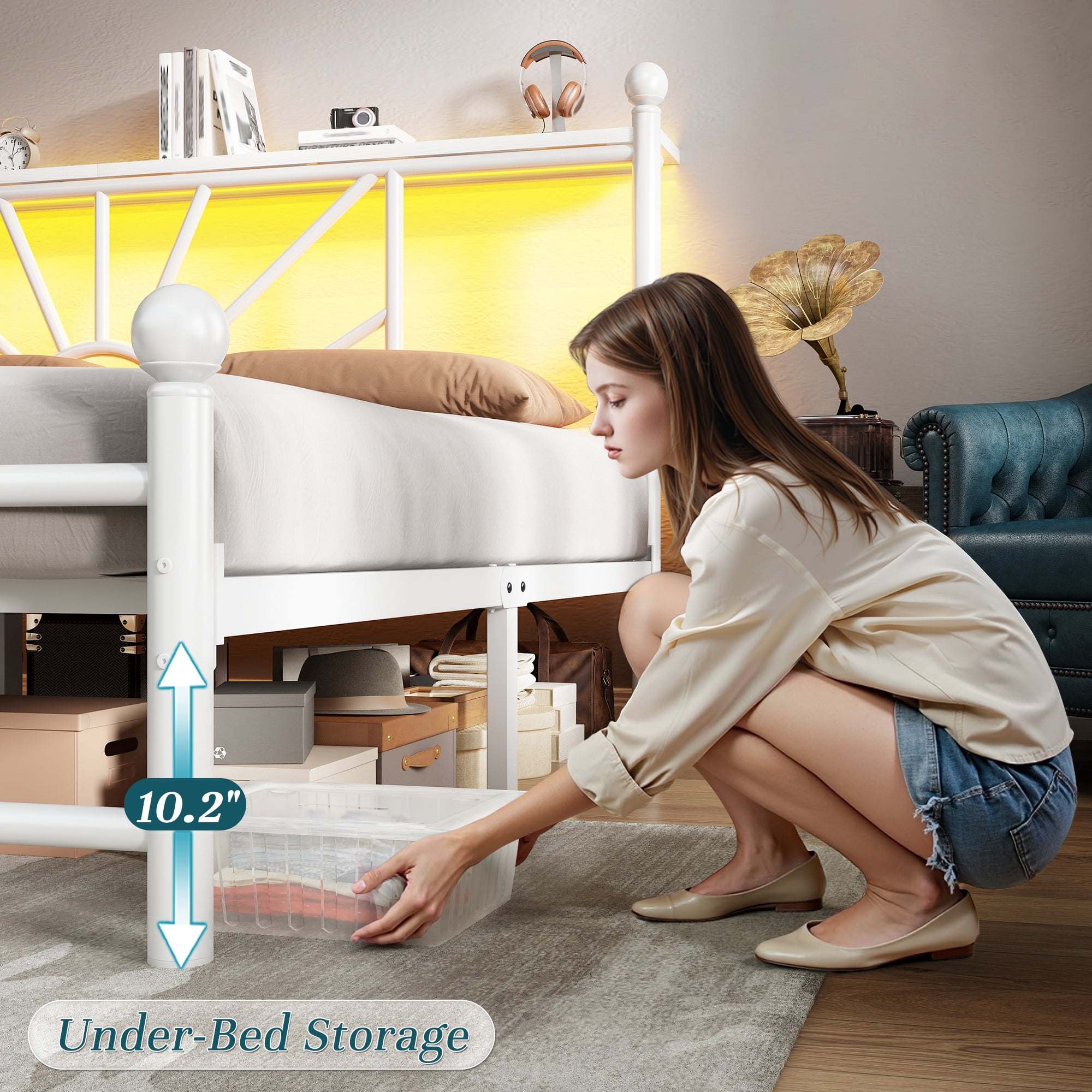 EnHomee King Size Metal Bed Frame with Vintage Headboard & Footboard Metal Platform Bed Frame King with LED Lights & Storage, Noise Free, White