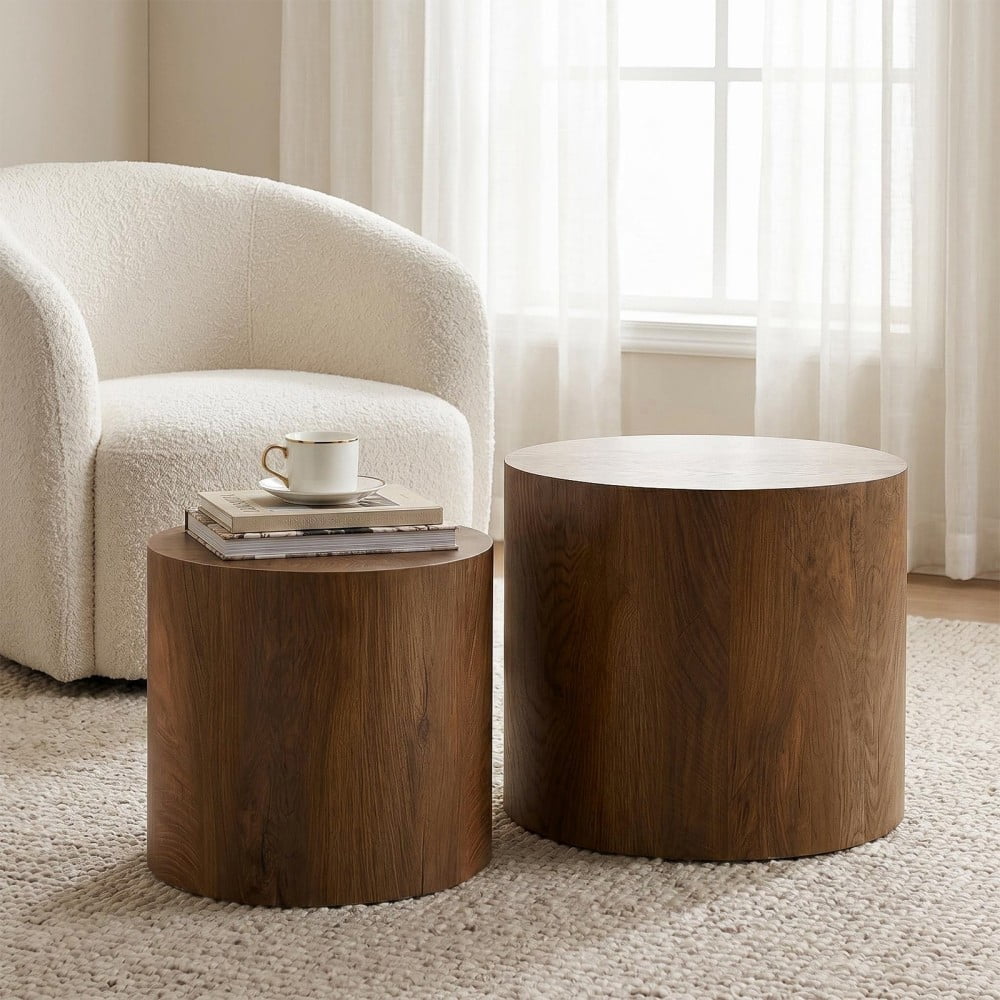 Nesting Coffee Table Set of 2, Modern Round Wood Side Tables with Non-Slip Feet, Small End Tables for Living Room, Bedroom, Office, Balcony, Small Spaces, Walnut