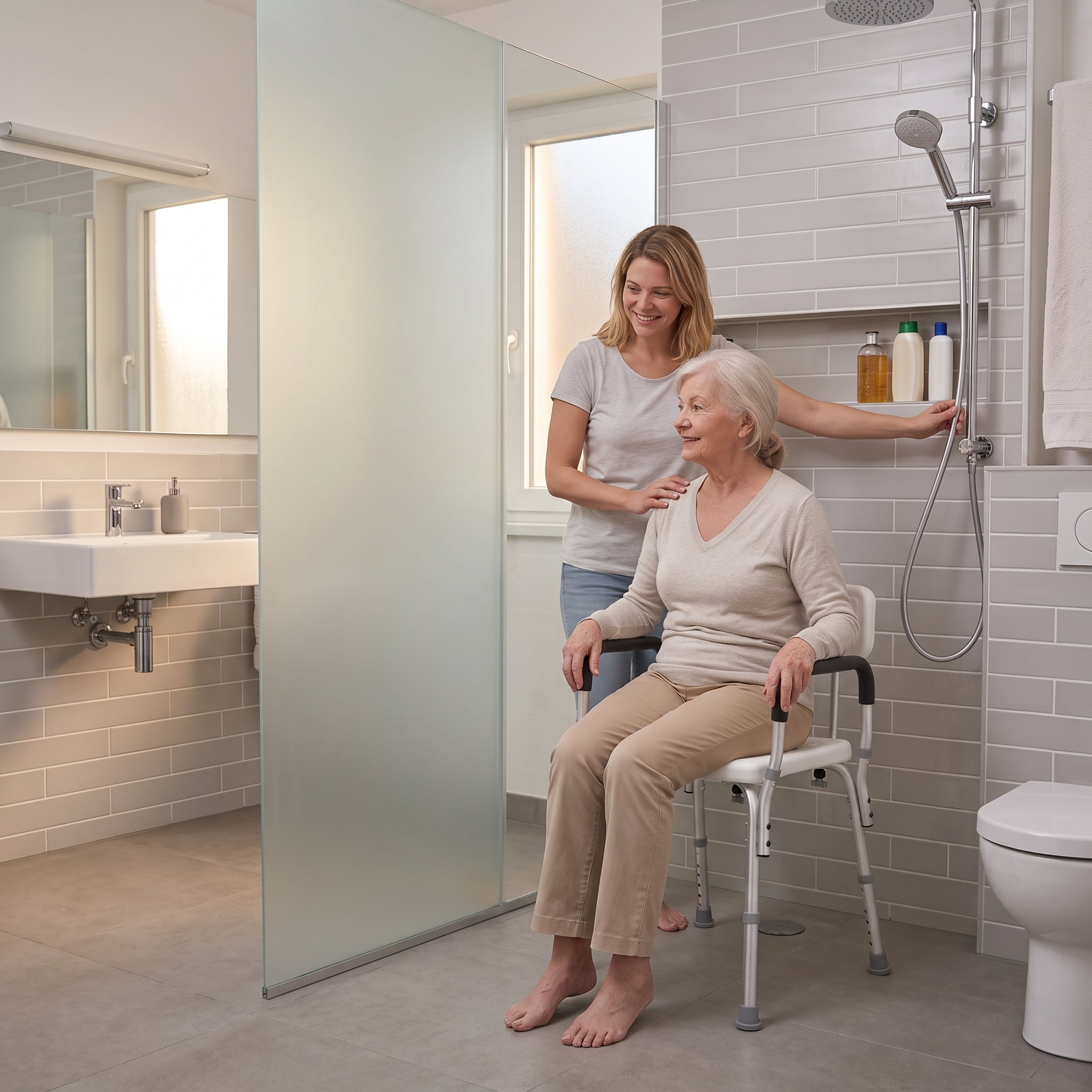 Shower Chair with Armrests & Backrest, 350 lbs Capacity, Adjustable Height 15.35-20.47", Non-Slip, for Seniors Disabled