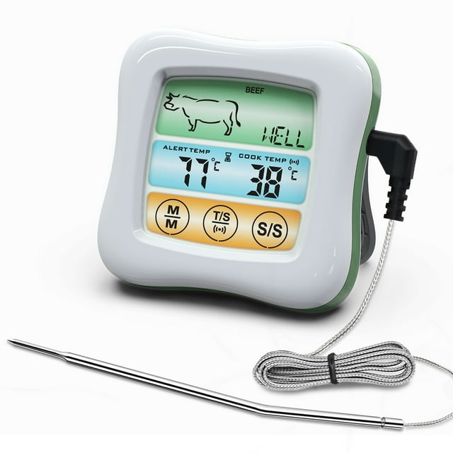 Digital Meat Thermometer Instant Read Food Thermometer with Waterproof Probe 2.6-inch Backlit Color LCD Touchscreen Countdown/Countup Timer Thermometer for Smokers, Ovens, Grills, and Grills