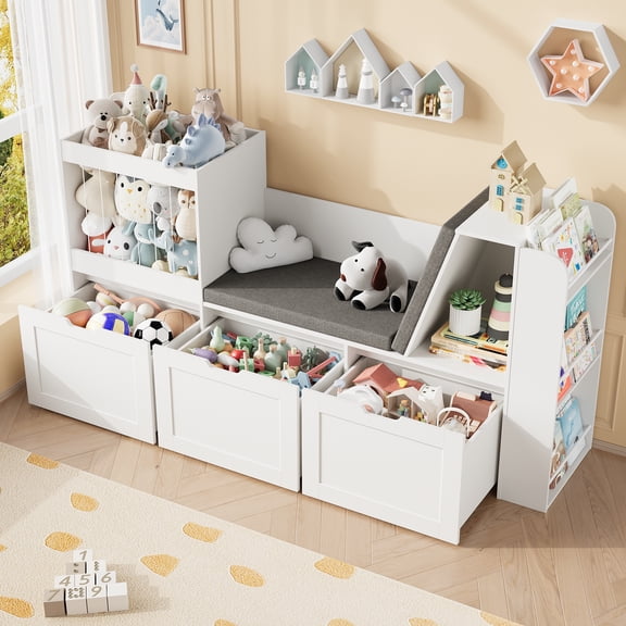 Vortin T 67" Kids Bookshelf Toy Storage Organizer, Reading Nook with Backrest, 3 Large Swivel Drawers, Dedicated Stuffed Animal Zoo for Bedroom, Playroom, Classroom, White