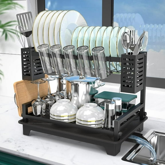 Dish Drying Rack: 2 Tier Dish Racks for Kitchen Counter and Sink - Large Dish Drying Rack with Drainboard & Utensil Holders - Stainless  Dish Drainers Kitchen Organization and Storage