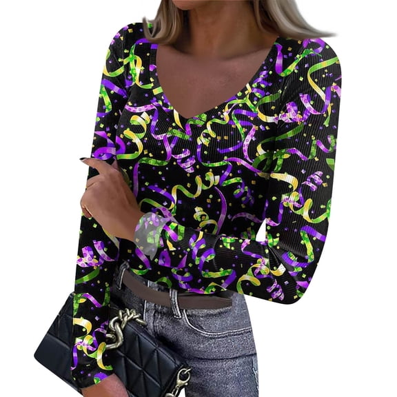 Womens Mardi Gras Shirts Mask Print Carnival Long Sleeve Tops Feathers Print V Neck Novelty Graphic Tee Green 2XL