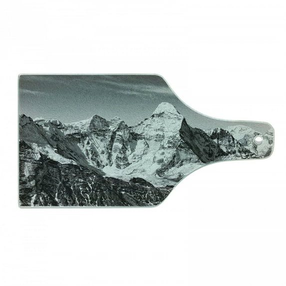 Black and White Cutting Board, Dramatic View of the Mountains Himalayas Peak Landscape Traveling, Tempered Glass Cutting and Serving Board, Wine Bottle Shape, Black White Grey, by Ambesonne