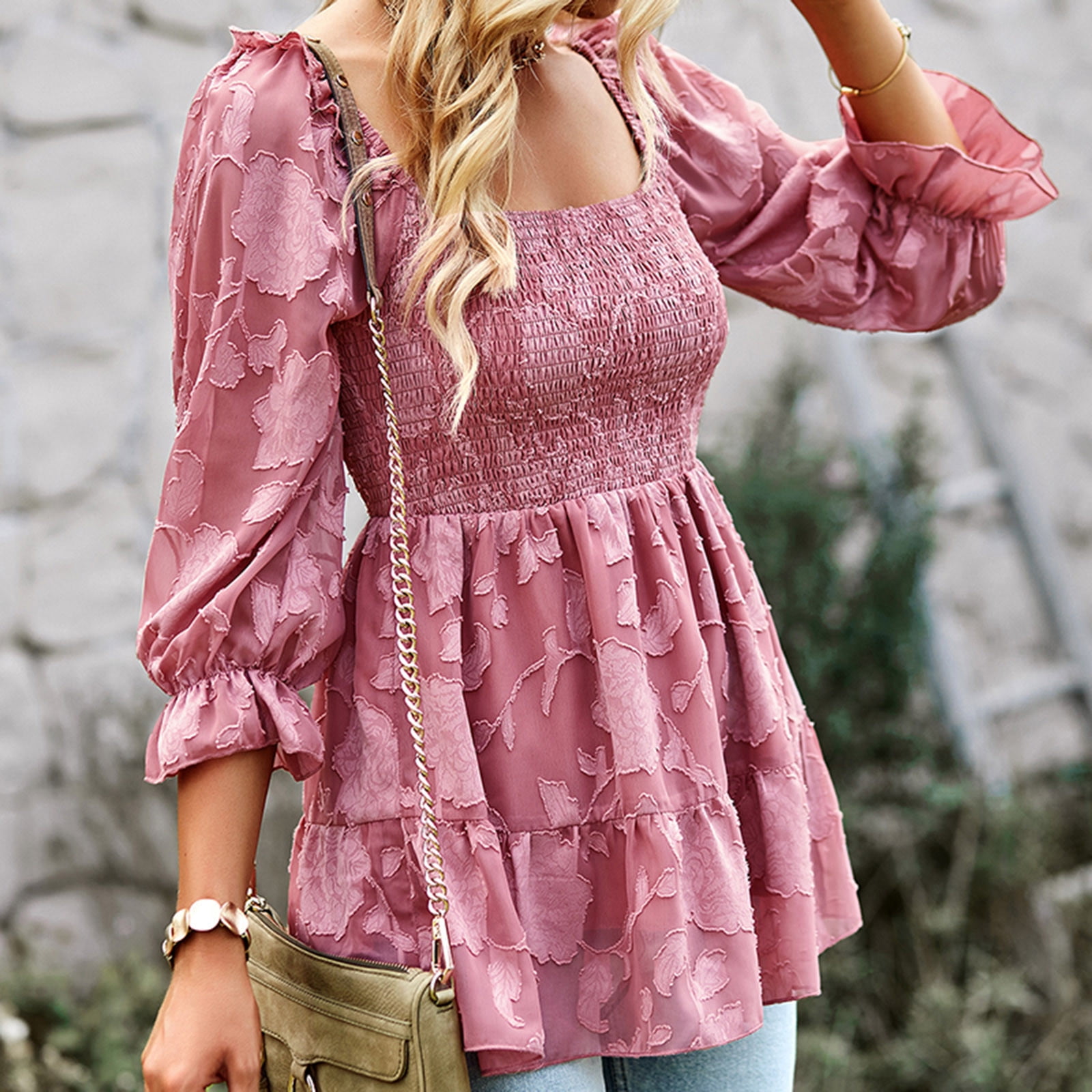 Hfyihgf Women's Summer Square Neck Smocked Babydoll Tops 3/4